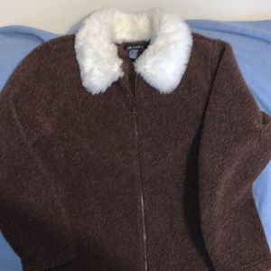 Denim & Co Brown Fleece Jacket with Faux Fur Collar